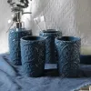 Sets Light Luxury Ceramics Blue Five Piece Set Liquid Soap Dispenser Tooth Mug Soap Dish Toothbrush Holder Bathroom Washing Tools