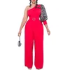 Ethnic Clothing One Shoulder Jumpsuits Women Vintage Elegant Diagonal Collar Printed Sleeve Belt Wide Leg Pants Party Club Lady Outfits 3XL