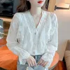 Frauen Blusen Koreanische Mode Mesh Spleißen Blütenblatt Hülse Frauen Tops Casual Dame Shirts Frau Shirt Weibliche Mädchen Lange Bluse 2