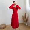 Casual Dresses Elegant Knitting Bodycon Dress Women Långärm Hög midja inslagen Autumn Winter Kvinnlig V-ringad tröja Vestidos T681