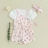 Ensembles de vêtements pour bébés filles, joli costume côtelé, t-shirt à manches courtes, salopette florale, bandeau, ensemble de vêtements d'extérieur pour nourrissons