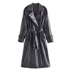 Casacos de trincheira femininos 2024 moda com cinto casaco de couro artificial vintage manga longa bolsos feminino outerwear chique casaco