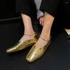 Dress Shoes Spring/Autumn Women Pumps Genuine Leather For Square Toe Soft Low Heel Gold Slip-on Pleated
