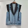 Gilet da donna Primavera Colore a contrasto Colletto Abito Patchwork Gilet di jeans Moda donna Giacca di jeans senza maniche con volant Gilet corto casual