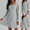 Casual Dresses A-line Silhouette Dress Elegant Lace Round Neck Long Sleeve Midi For Women See-through Mesh Patchwork Knee Length