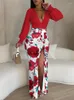 Skirts Elegant Dresses For Women Spring Autumn Sexy Print Plunge High Slit Drawstring Maxi Dress Female Fashion Long Sleeve Belt