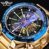 Winnaar Blauw Licht Glas Nieuwe Mode Heren Horloges Zwart Gouden Roestvrij Staal Waterdicht Sport Automatisch Horloge Lichtgevende Clock234L