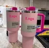 Avec 1: 1 Logo Pink Flamingo 40oz Quencher H2.0 Tasses à café Tasses en plein air Pastèque Moonshine Voyage Tasse de voiture Gobelets en acier inoxydable avec poignée en silicone 0128