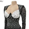 Abiti casual HLJ Nero Sexy Maglia Prospettiva Strass Aderente Party Club Abito Donna Profondo V Manica lunga Slim Abiti Moda Abbigliamento