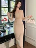 Casual Dresses 2024 Exquisite Elegant Prom Dress Women's Fashion Sexig Sheer Mesh Spliced ​​Pearl Diamond Slim Robe Femme Evening Party