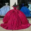 レッドボールガウンQuinceanera 2024 Long Train Ruffle Princess Lace Beads Tulle Vestidos de 15 Anos Birthday Party Sweet 16ドレス