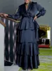 Casual Dresses Elegant Party Dress For African Women Navy Blue Lace-up Long Sleeve Formal Evening Gowns V-neck Swing Birthday Prom