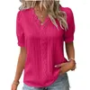 Blusas femininas verão decote em v renda retalhos manga curta blusa solta feminina lanterna camisa tops