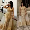 2020 glitter ouro vestidos de noite árabe sheer mangas compridas rendas sereia vestidos de baile com decote em v tule apliques sobre saia festa formal 226v