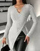 Women's T Shirts Sexy Top Chain Decor Slit Keyhole Neck In Spring Latest Casual Ribbed Irregular Tight Long Sleeve Daily Classmate