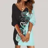 Casual Dresses Fall Mini Dress Floral Print V Neck For Women Loose Long Sleeve Spring Summer Poolover Over Kne Length Soft Wear