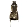 Arbeitskleider für Damen, 2-teilig, glänzender Gold-Bandage-Body, schmale Miniröcke, Sets mit Metallic-Farben, Kordelzug, Plissee, Party, zwei Outfits