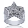 Nouveau Designer Luxe 18K Or Blanc CZ Zircone Pentagramme Bague 2020 Plein Diamant Glacé Hip Hop Bijoux Cadeaux pour Hommes Femmes Rin294c