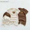 Im Sommer Kinder Baby Mädchen Jungen Kurzarm Waffel Patch Bär Säugling geboren Overalls Baumwolle Strampler Geschenk Hut mit Ohr 240122