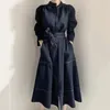 Mulheres Trench Coats Vintage Elegante Mulheres Maxi Bodycon Vestido Moda Escritório Senhora Sólida Uma Linha Vestidos Estilo Francês Windbreaker