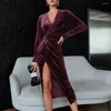 Robes décontractées Robe fendue à col en V élégante fête de col en V avec coupe ajustée taille plissée pour les femmes à manches longues Midi Club bal spécial