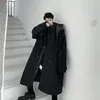 Trench-Coat noir foncé pour hommes, coupe-vent à capuche, couleur contrastée, mi-long, Punk, grande taille, veste à boutons, 240118
