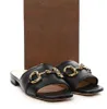 Summer 2024 Luxury Women Golden-Horsebit Leather Sandals Shoes Nappa Leather Nude Black Red White Slide Flats Slip On Casual Slipper EU35-42