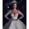 Stunningbride 2024 Arabic Long Sleeve Puffy Princess Wedding Dresses 3D Flower Lace Appliques Sequined Plus Size Bridal Wedding Gowns Custom Made