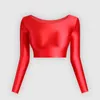 Women's Swimwear Japanese Satin Glossy Sexy Long Sleeve Top Sports Solid Shiny Silk Smooth T-shirt Tight Yoga Swim Expose Navel Short