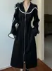 QWEEK Korean Zip Oversized Black Dress Women Kpop Casual Zipper Solid Striped Long Sleeve Loose Midi Dresses 2023 Autumn 240124