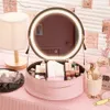 Espelho de vaidade da caixa de armazenamento cosmético circular com luz portátil grande capacidade saco senhoras lavagem 240125