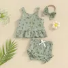 Conjuntos de roupas da criança do bebê menina verão 2 pçs conjunto infantil em torno do pescoço floral regatas cintura elástica babados shorts bandana outwear