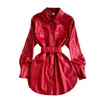 Casual Dresses Women's Mid Length Leather Dress with Belt Spring Autumn Korean Edition Slim Motorcycle Pu Coat Wine Red Loose Jacket