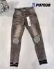 Jeans morados Pantalones de mezclilla para hombre Pantalones negros Bordado de alta calidad Acolchado rasgado para marca de tendencia Pantalón vintage para hombre pliegues Modas delgadas y delgadas