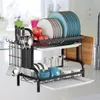 Kitchen Storage 2 Tier Dish Rack Large Capacity Cutting Board Holder 4 Hooks Household Tray Box Basket Saving Space For Small Countertop