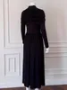 Robes décontractées YIGELILA Mode Femmes Noir Longue Robe Élégant Stand Creux Out Pleine Manches Solide Modal A-ligne Cheville-longueur 68328