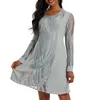 Casual Dresses A-line Silhouette Dress Elegant Lace Round Neck Long Sleeve Midi For Women See-through Mesh Patchwork Knee Length