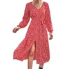 Casual Dresses Vintage Floral Print Women Long Dress Lantern Sleeve A-line Maxi Vestidos Autumn Elegant Ladies V Neck Boho Slit