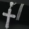 18K Gold Plated Stainless Steel Cuban Chain Water Diamond Retro Cutout Cross Pendant Necklace235Q