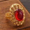 Cluster Rings Red Cz 24k Gold Plated Fashion Women Resizable Elegant Fingerring Etiopian Dubai Africa Wedding Jewelry Gifts