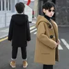 Boys Wool Coat Autumn Spring Fashion Hooded Jackets Solid Singlebreasted Outerwear Children Midlength Parka 514Y 240122