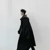 Trench-Coat noir foncé pour hommes, coupe-vent à capuche, couleur contrastée, mi-long, Punk, grande taille, veste à boutons, 240118