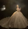 Stunningbride 2024 Abito da sposa lucido squisito Abito da ballo Realizzato su misura con spalle scoperte Manica lunga Paillettes Treno lungo Abiti da sposa da chiesa