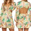 カジュアルドレスPuloru Boho Back Coutout Floral Print Mini Dress Women Spring Summer DeepV-Neck Twist Front Long Sleeve for Party Office