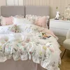 Ensembles de literie Naturel Sain Peau Lavée Coton Princesse Ensemble Fleurs Broderie Volants Housse de Couette Couette Linge de Lit Taies d'oreiller