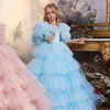 Robes de fille en Tulle rose et bleu, manches mi-longues, bouffantes, à volants perlés, pour fête de mariage, robes de première Communion