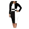 Casual Dresses Slim Fit Pleated Dress Elegant Colorblock Long Sleeve Midi For Women Sheath High Waist Commute Formal Knee Length