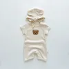 In Summer Kids Baby Girls Boys Short Sleeve Waffle Patch Bear Infant born Jumpsuits Cotton Romper Gift Hat with Ear 240122