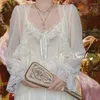 Kvinnors sömnkläder franska söta vintage fairy robe klänning set kvinnor spets sexig koreansk kvinnlig domstol chiffon elegant långa siden kläder för