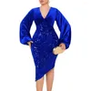 Robes décontractées femmes robe de velours paillettes col en V soirée avec manches lanterne taille haute formelle bal banquet midi pour